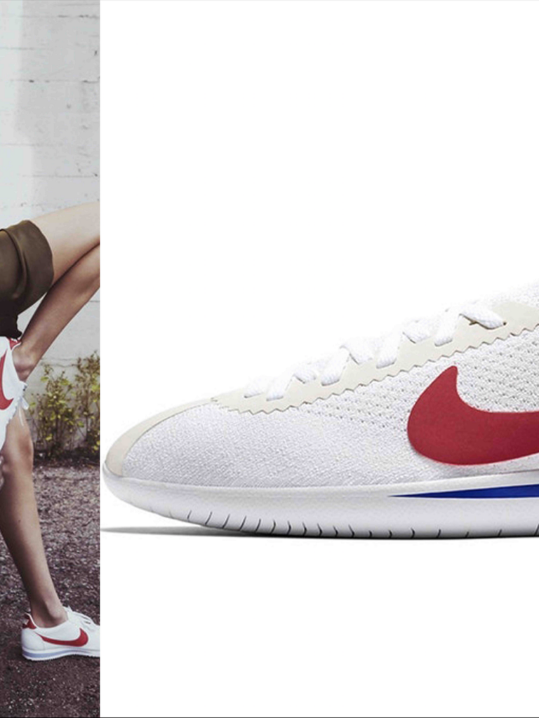 因電影《阿甘正傳》紅遍世界，繼而獲得「阿甘鞋」稱號的Nike Cortez，多年來深受為時尙界的喜愛。適逢Cortez誔生45週年，除了經典設計的白底配紅 LOGO 及藍色條紋外，Nike更為鞋面換上 Flyknit 襪套式編織結構，還配上更多新配色以方便時配搭。並請來新晉超模Bella Hadid出任代言人，重新演繹這款經典sneakers 。