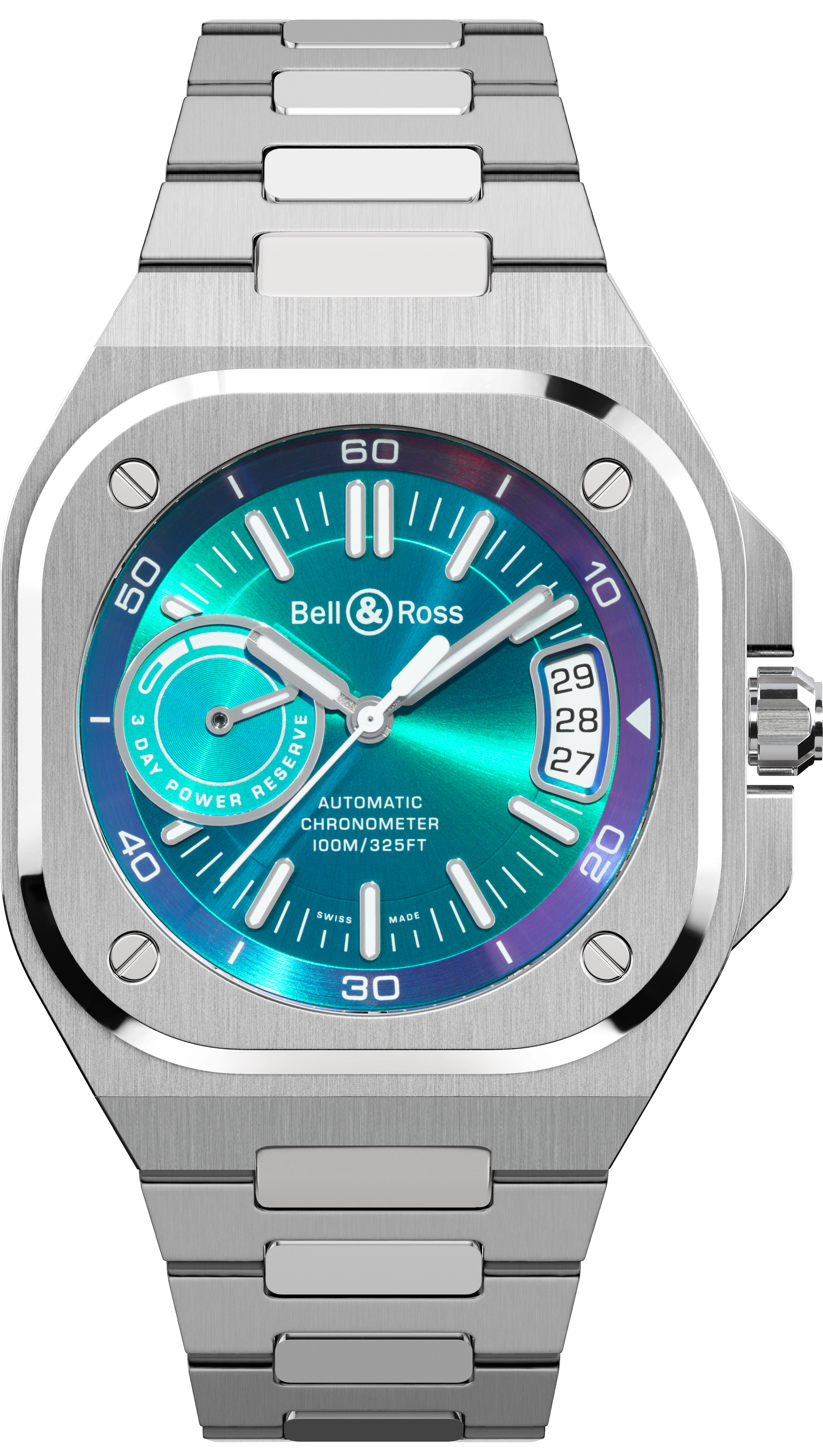 Bell & Ross BR-X5 Iridescent腕錶搭載幻彩色錶盤,隨不同角度折射出綠色、藍色至紫色,搭配太陽紋打磨,效果格外迷人。這枚一體式運動錶配備標誌方型精鋼錶殼和一錶帶,堅固搭載BR-CAL323型自動機芯,清晰顯示時間、日曆和動力儲存,美麗實用。腕錶精鋼組件經過緞面及拋光打磨,泛有含蓄銀色光澤,襯托幻彩太陽紋錶盤,光澤耀目而不刺眼,通過迷人虹霓彩光提升讀時體驗。