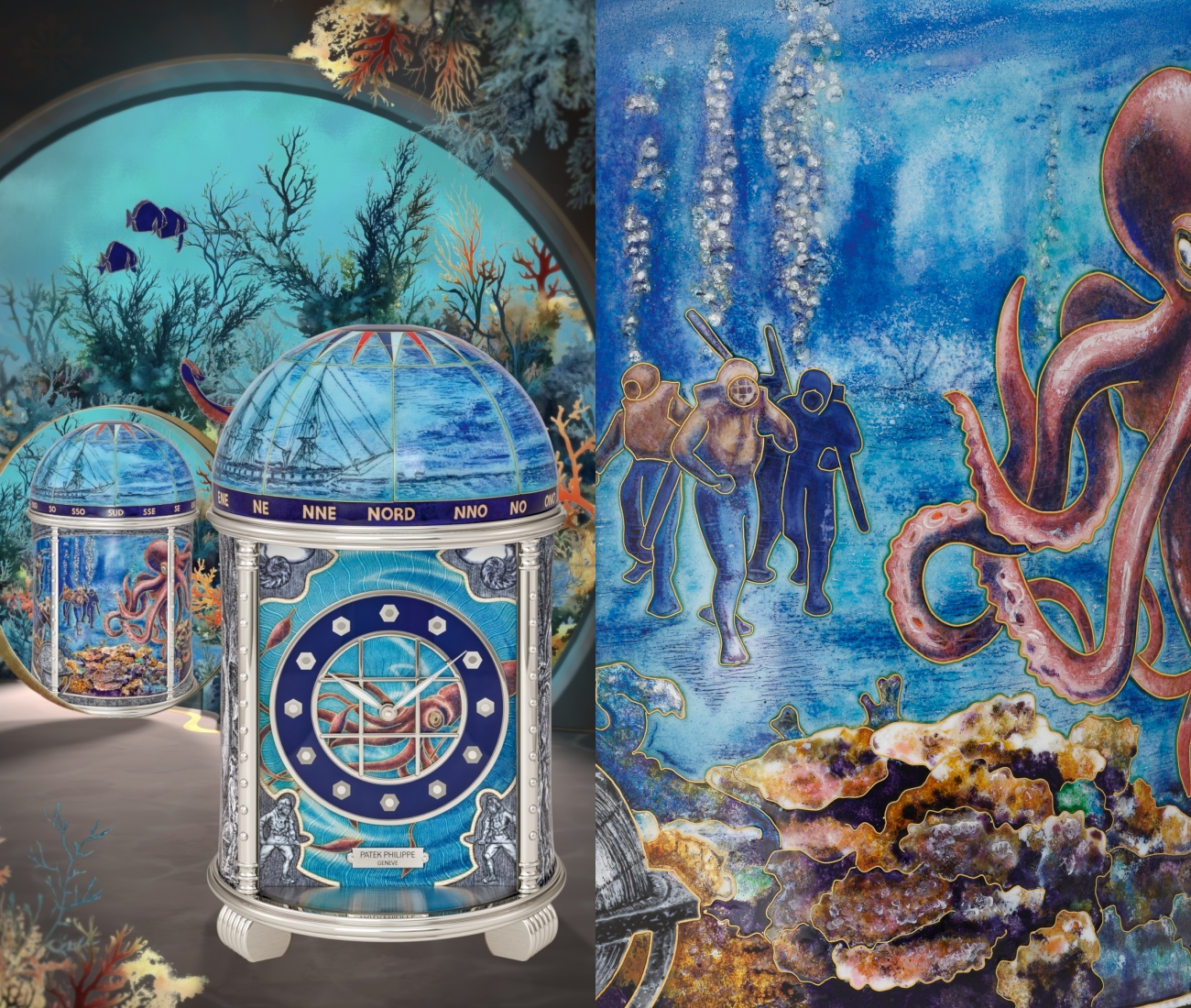 Nautilus鸚鵡螺號圓形座檯鐘(編號20171M-001)</h4> Nautilus圓形座檯鐘以知名冒險小說家Jules Verne著作《海底兩萬里》(Twenty Thousand Leagues Under The Seas)作為靈感,繪有潛艇鸚鵡螺號與巨型烏賊的畫面。圓頂上方有指南針圖案。這座檯鐘運用大明火掐絲琺瑯製造。工匠運用長達9.59米金絲(約重20.37克)於座枱鐘表面勾劃圖案輪廓,再逐步塗上41種半透明、透明和不透明琺瑯彩。潛艇內部則是採用灰彩(grisaille)琺瑯工藝,以灰白色階對比塑造立體雕刻細節效果。