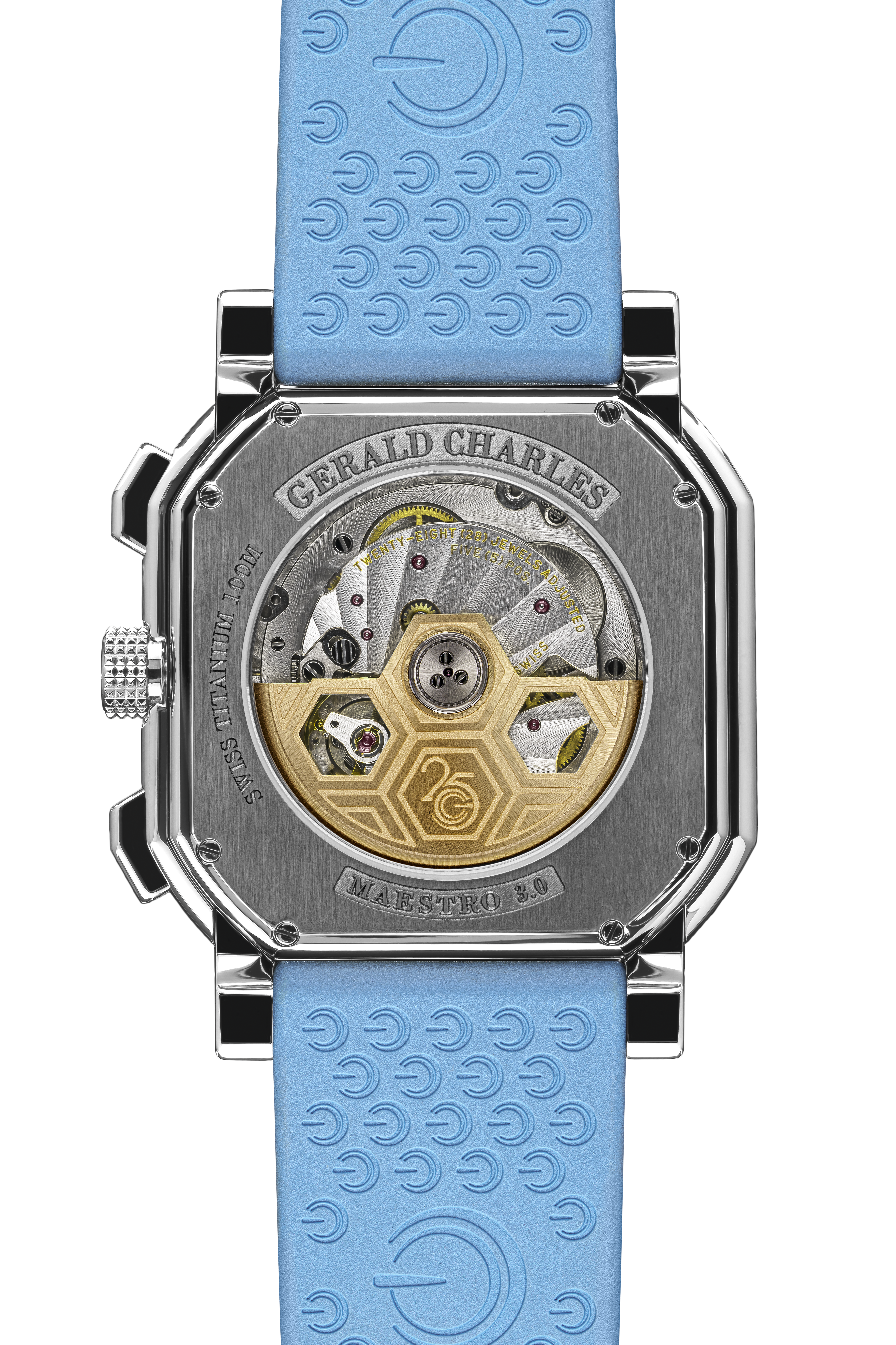 Maestro 3.0 Chronograph計時碼錶搭載瑞士製造3.0自動機芯,動力儲備50小時。錶殼直徑39毫米、厚11毫米,設有旋入式巴黎釘紋錶冠,其輪廓應用ErgonTeq專利技術製造,符合人體工學,貼手舒適。PHOTO/ GERALD CHARLES