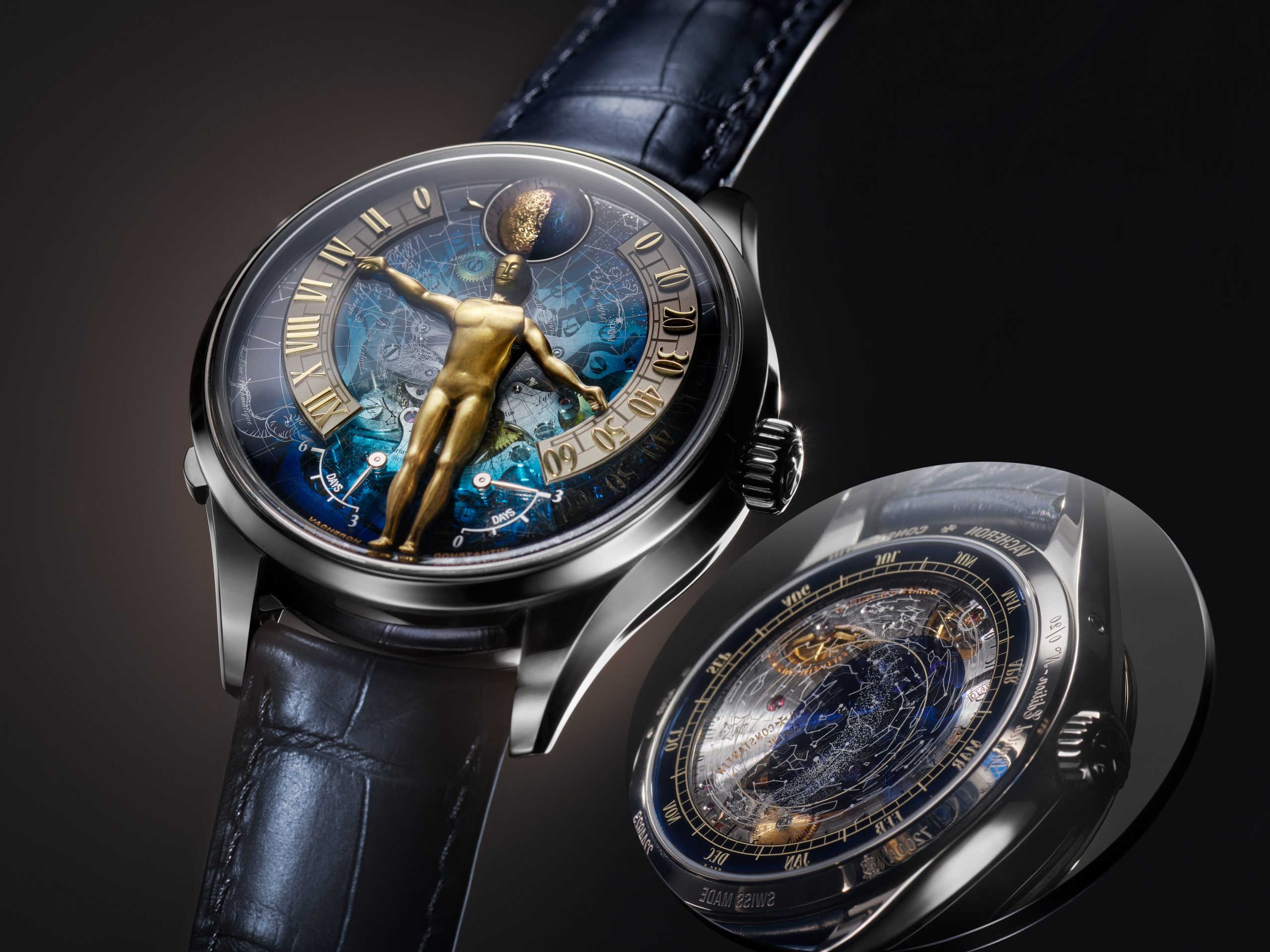 Vacheron Constantin江詩丹頓全新Métiers d’Art藝術大師系列腕錶從複雜功能機械座鐘La Quête du Temps汲取靈感，耗時三年時間研發，搭載3670手動機芯，提供雙重時間顯示模式、逆跳小時和分鐘顯示功能、兩段式逆跳動力儲備顯示功能、以及天文複雜功能（恆星日時間顯示、月相及月齡顯示功能）。PHOTO/ VACHERON CONSTANTIN