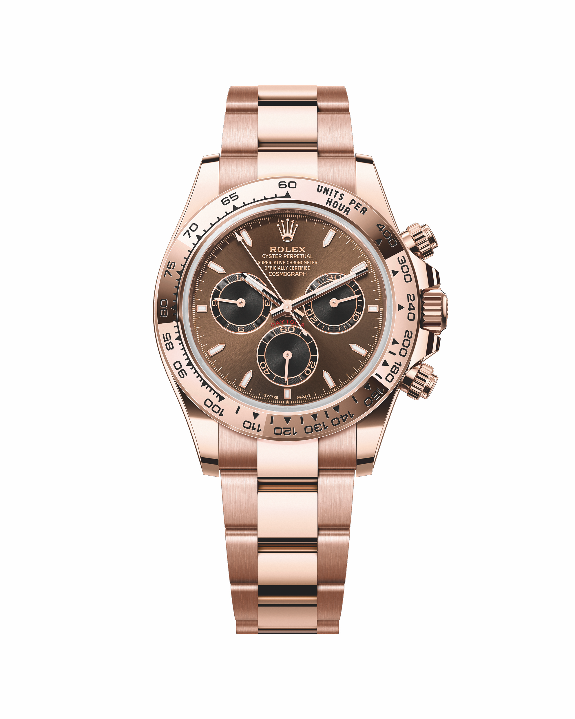 Rolex勞力士 Oyster Perpetual Cosmograph Daytona18K永恒玫瑰金款在今年面世，配朱古力色和黑色錶盤，以及18K永恒玫瑰金測速計，外型與1960年代錶款相似，搭載4131自動計時機芯，性能獲COSC瑞士官方天文台及勞力士認證，每日走時誤差在正負兩秒以內，體現自家技術成果與歷史。PHOTO/ ROLEX