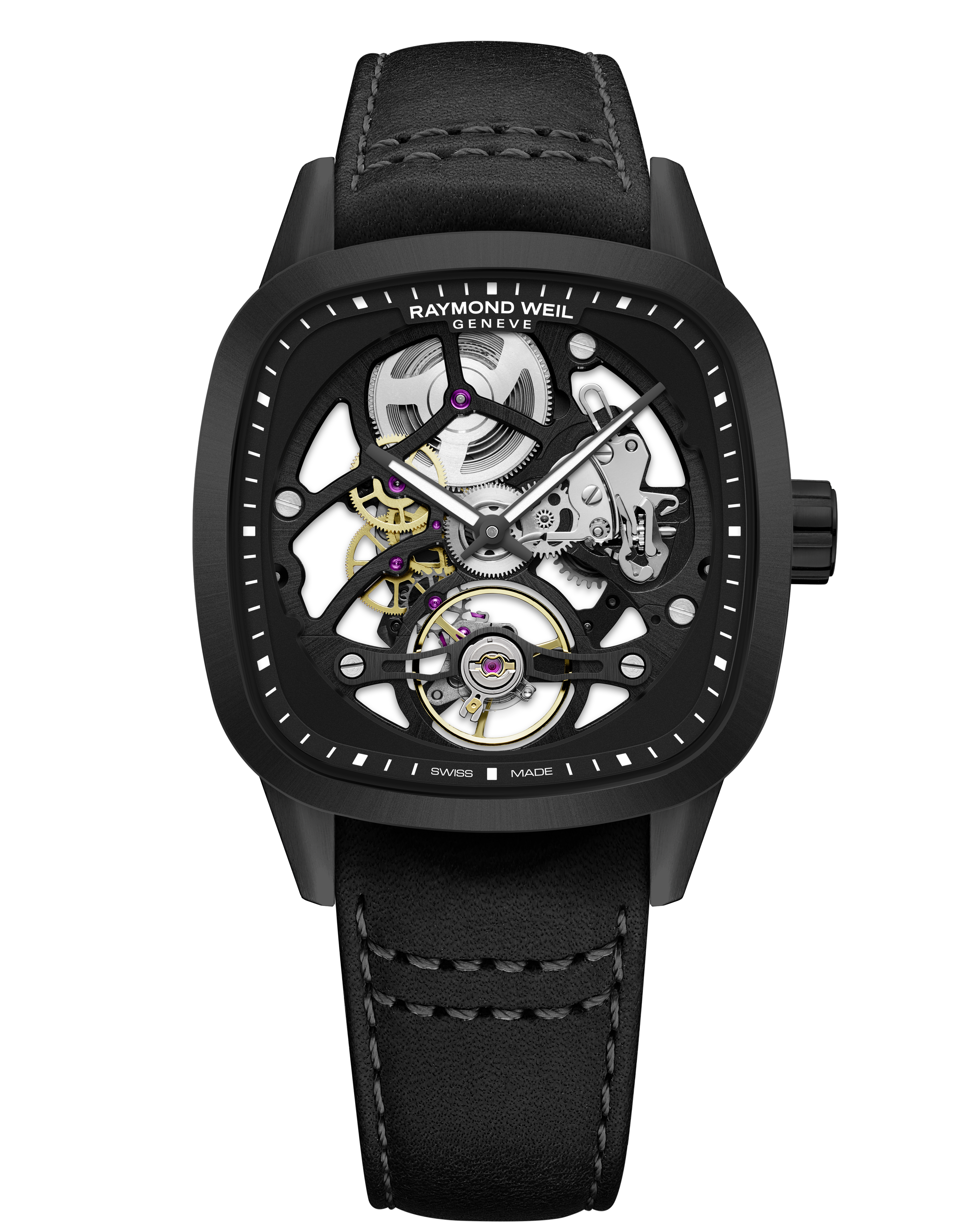 Calibre RW1212機芯由Raymond Weil 與機芯製造廠Sellita合作研發,於2007年推出,設有鏤空板橋,透視6時位置擺輪,供佩戴者從錶面和錶背觀賞機芯優美律動。 PHOTO/ RAILMOND WEIL