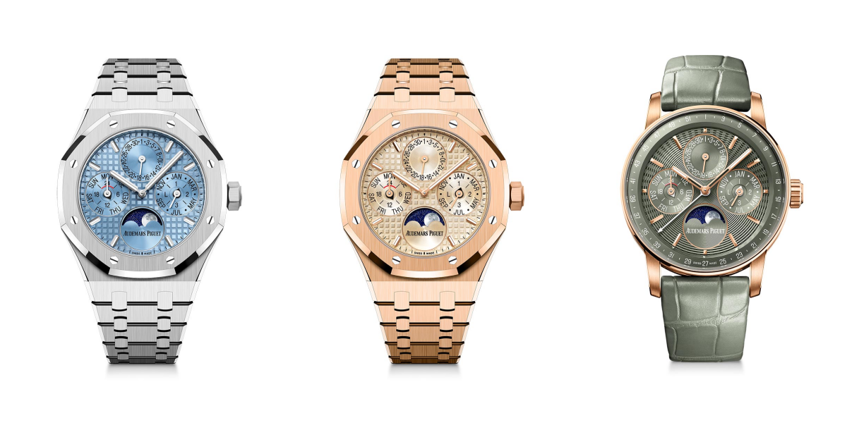 Audemars Piguet近日推出全新Royal Oak皇家橡樹系列自動上鏈萬年曆腕錶和愛彼CODE 11.59系列自動上鏈萬年曆腕錶；各限量150枚。PHOTO/ Audemars Piguet