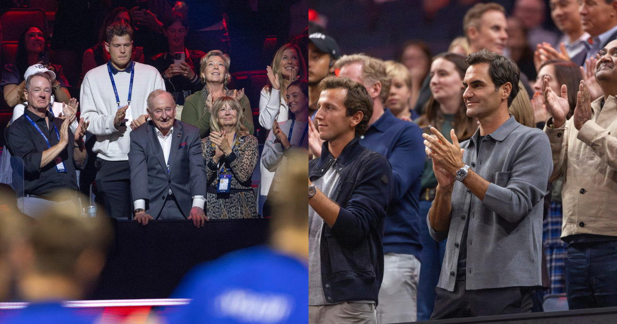 勞力士傳奇人物Rod Laver與費達拿（Roger Federer）到場觀賽。PHOTO/©Rolex/ Jed Jacobsohn