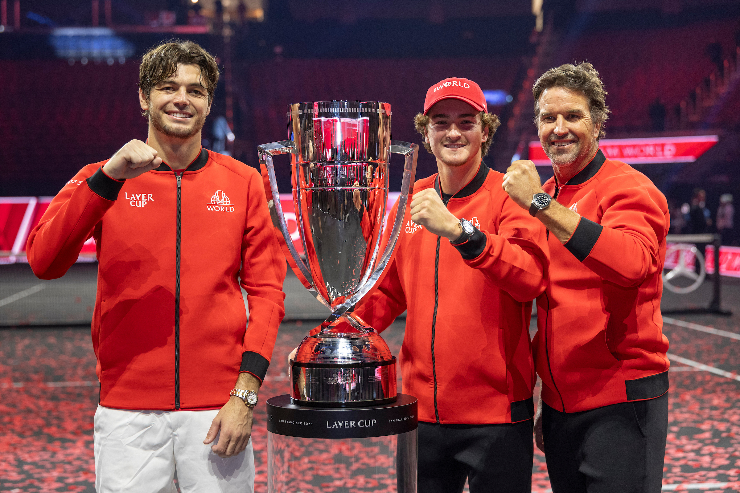 Rolex勞力士代言人兼世界隊代表球員Taylor Fritz、João Fonseca和Pat Rafter奪得2025 利華盃。PHOTO/©Rolex/ Jed Jacobsohn