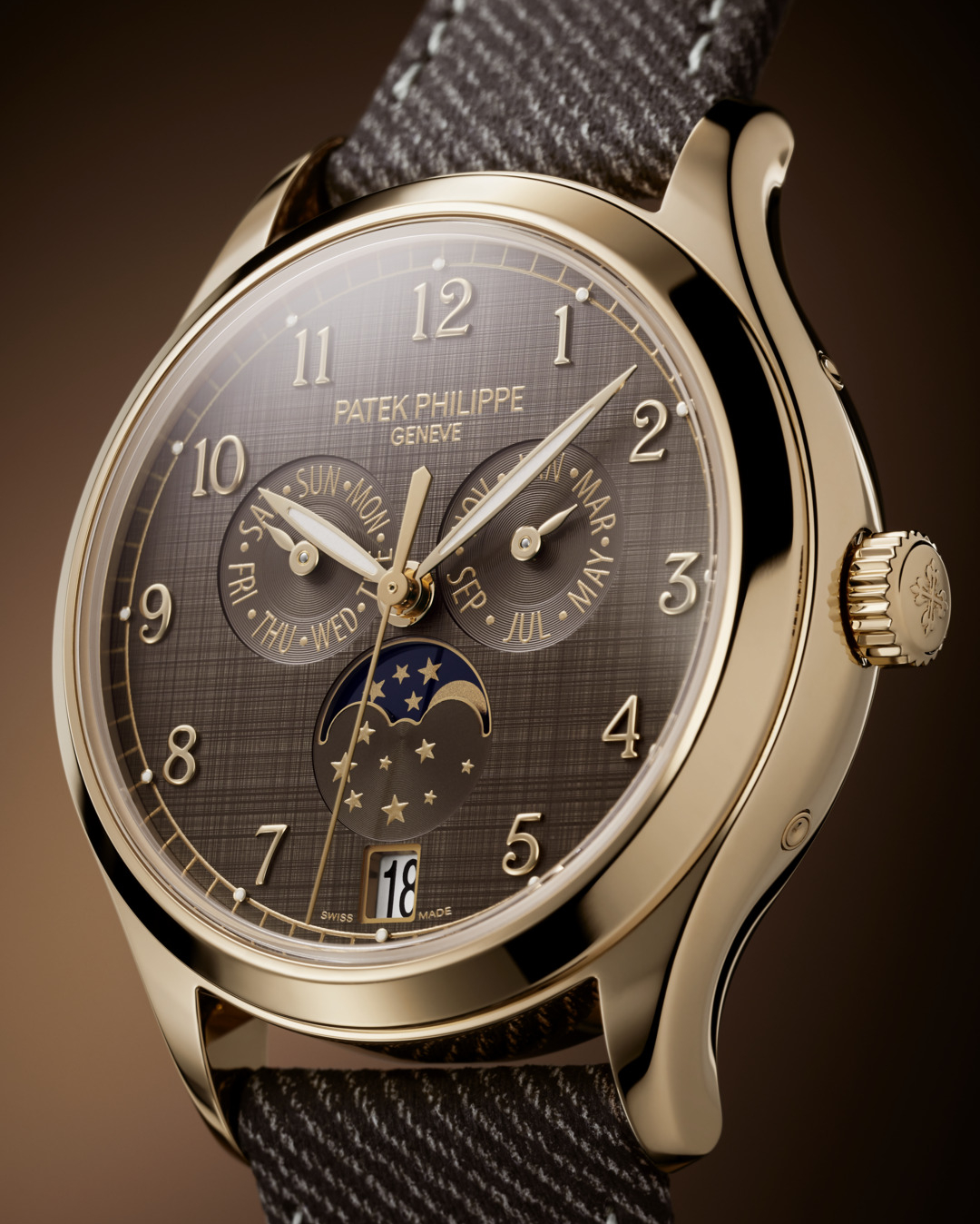 Patek Philippe百達翡麗複雜功能系列4946R-001年曆月相腕錶：栗子啡色布紋與曆法