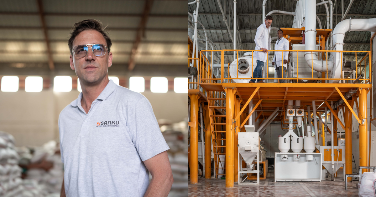 Sanku 共同創始人 Felix Brooks-church(左) 在埃塞俄比亞Burayu麵粉廠。 Sanku 目前與坦尚尼亞、肯亞和衣索比亞的約1,500家麵粉廠合作提供營養麵粉,覆蓋約 2,500 萬消費者。Felix與埃塞俄比亞 Wakene 麵粉廠東主 Muluneh Lema Wakene 參觀工廠,並在廠房裝設營養增量器,於麵粉加設微量營養素。PHOTO/ ©Rolex/Aurélie Marrier D’Unienville