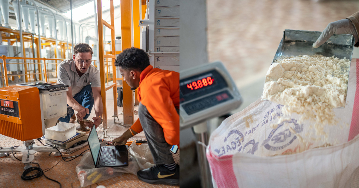 Sanku聯合創辦人Felix Brooks-Church(左)與麵粉廠技術員Yitbarek Sebsibe Denbu(右)在衣索比亞的麵粉廠測試營養增量器。Sanku在勞力士支持下不斷改良其營養增量器,使其更有效率和吸引力。PHOTO/ ©Rolex/Aurélie Marrier D’Unienville