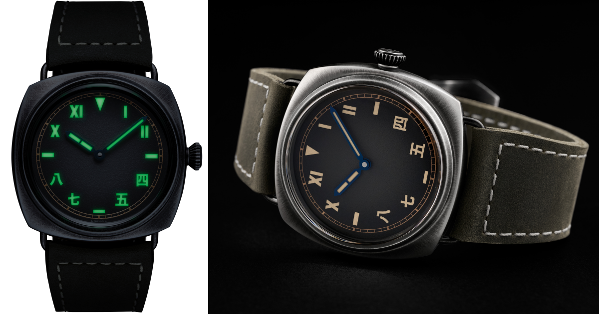 時標和指針覆有夜光塗層，在昏暗環境散發迷人夜光。腕錶配備植鞣革復古灰綠色小牛皮錶帶和梯形精鋼錶扣。PHOTO/ PANERAI