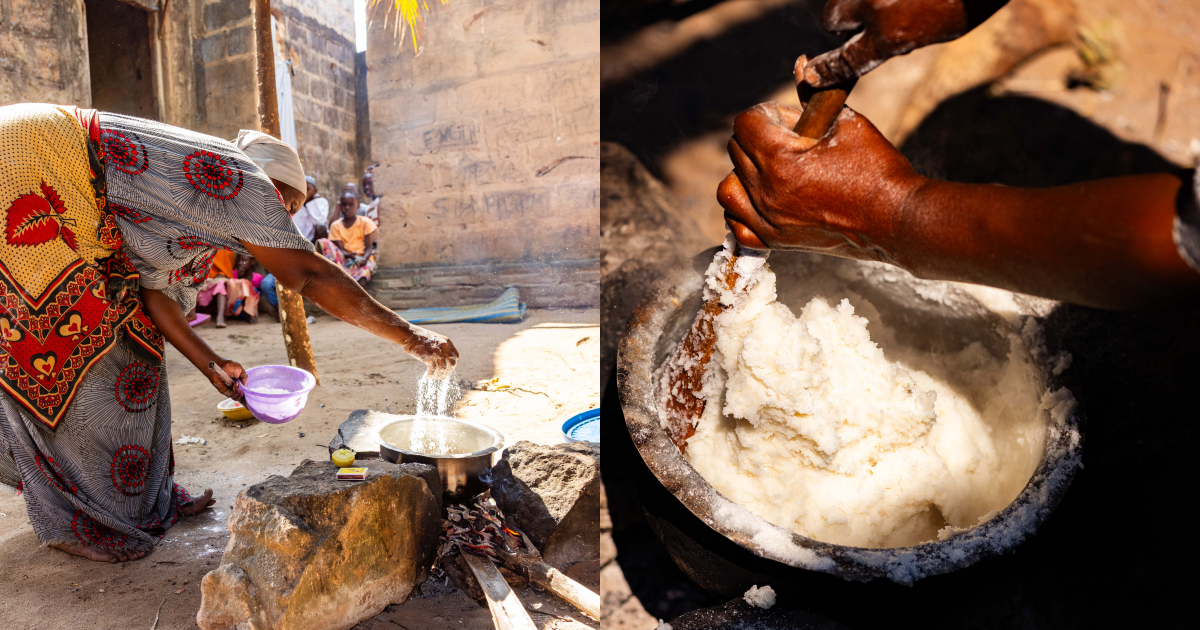 在坦尚尼亞Vikindu村落裡,一位婦女正在攪拌一鍋用強化粟米麵粉煮成的麵團(ugali)給家人吃。這個地區是受營養不良嚴重影響的貧困社區,村民往往從村裡的磨坊取得這種傳統主食原料——玉米粉。©Rolex/Peter Ndung’u