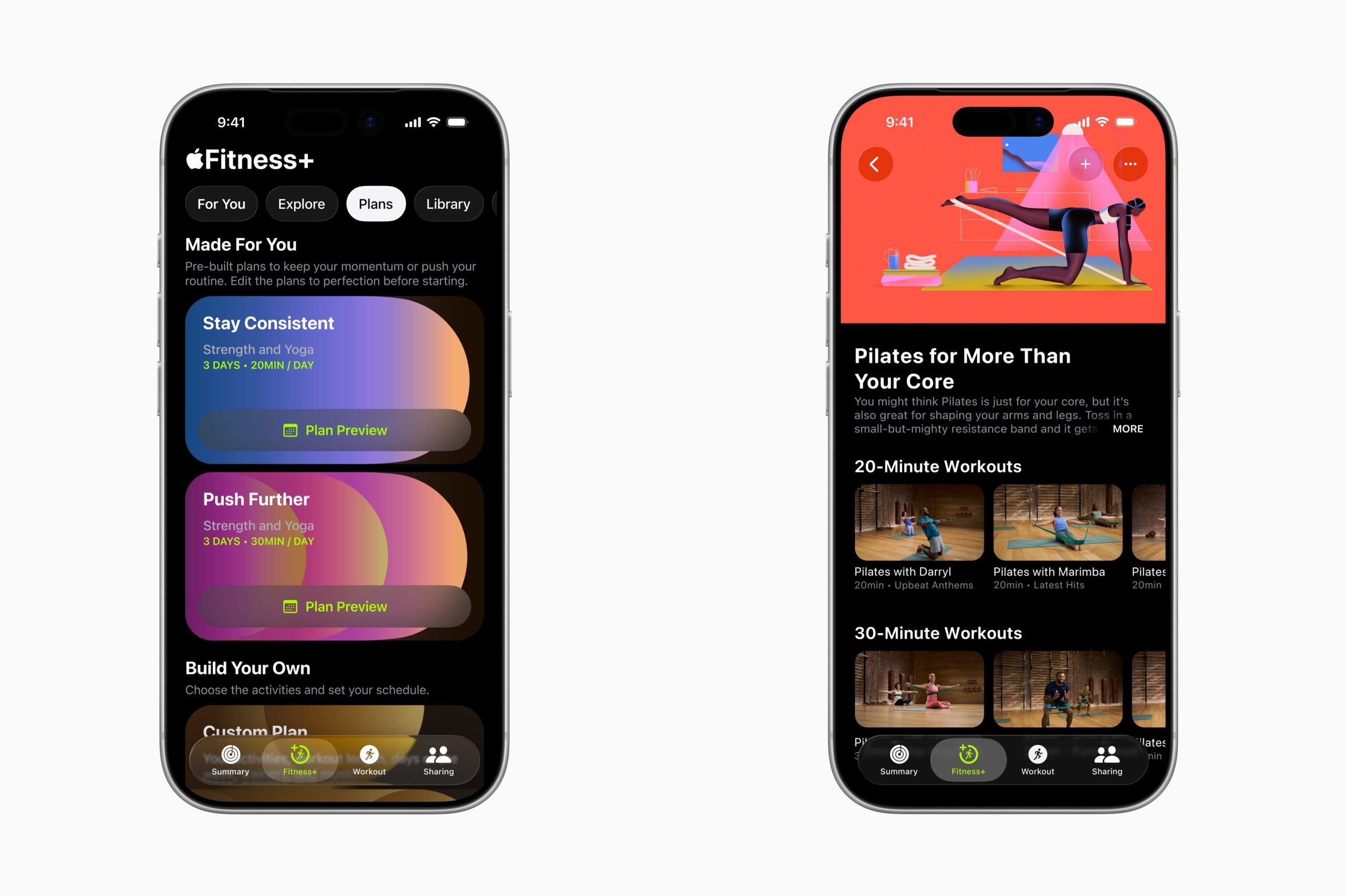 （左）「Custom Plans」功能會根據用家的體能訓練和冥想偏好，包括最常完成的活動、時長、教練、音樂等，自動制定度身訂造的時間表。（右）「Collections」匯聚一系列精心編選的體能訓練和冥想主題，協助用家達成目標或尋找符合興趣的體能訓練。PHOTO / Apple