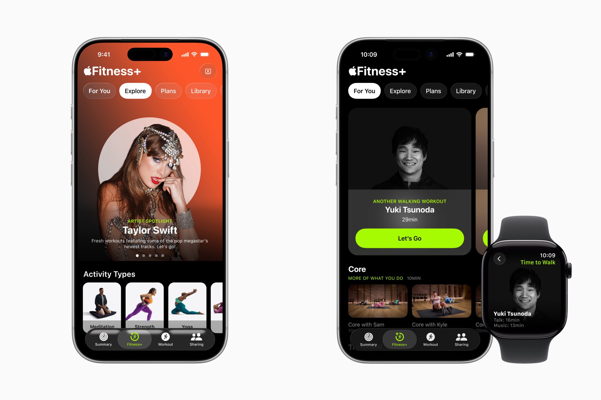 （左）「主打明星」系列專以單一藝人創製完整體能訓練歌單，並收錄全球不同頂尖藝人的音樂作品。（右）「步行樂」讓用家一邊步行，一邊聆聽全球最具魅力與影響力人士分享的故事、相片與歌曲。PHOTO / Apple