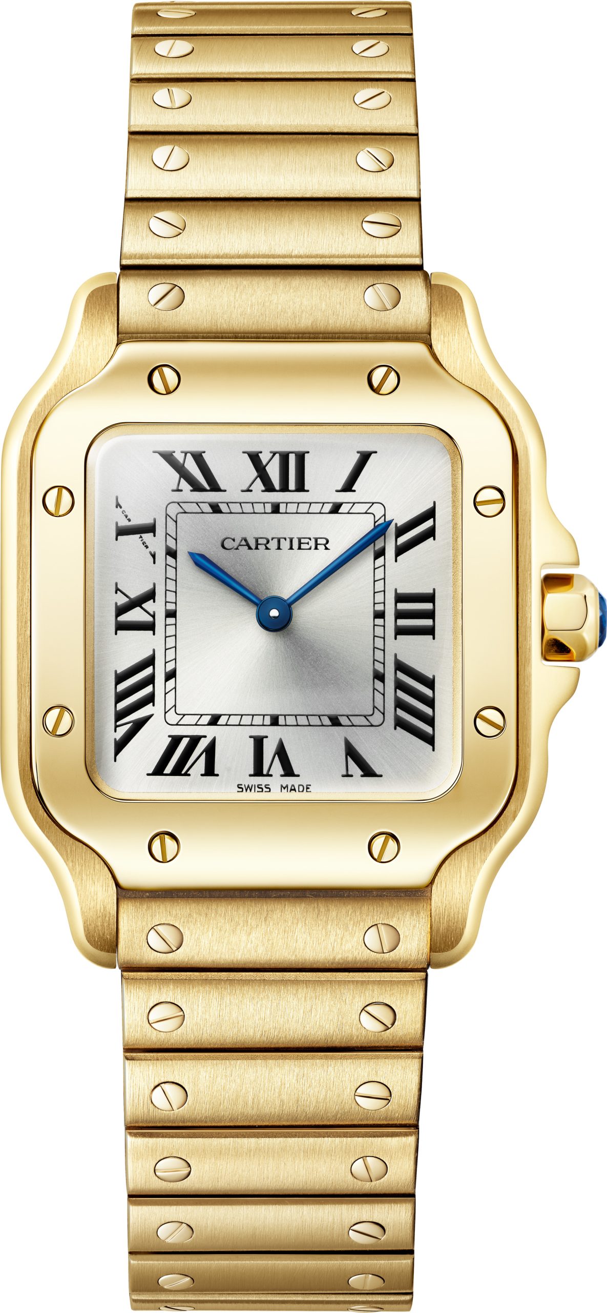 小裝Santos de Cartier配備18K黃金錶殼寬27.9毫米,長35.8毫米、厚度7.08毫米,七邊形錶冠鑲一顆琢面切割藍寶石,搭載銀色太陽放射紋錶盤,襯藍鋼劍形指針。腕錶配備一體式18K黃金錶鏈和深藍色鱷魚皮錶帶,如袖口腕錶一般百搭耐看。