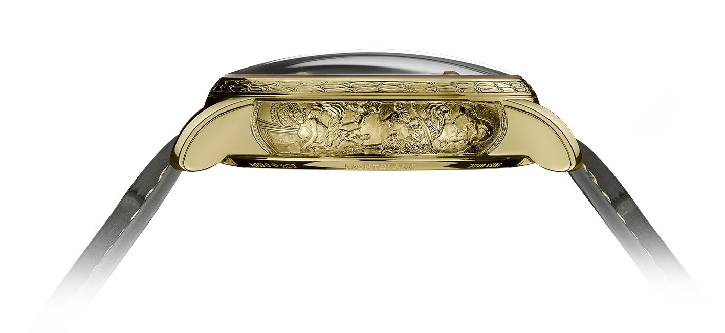 18K黃金錶圈則手工刻有月桂花圖案,而錶殼側面則刻有凡爾賽宮和平廳裡的古希臘神話人物Minerva與Mercury畫作。PHOTO/ MONTBLANC