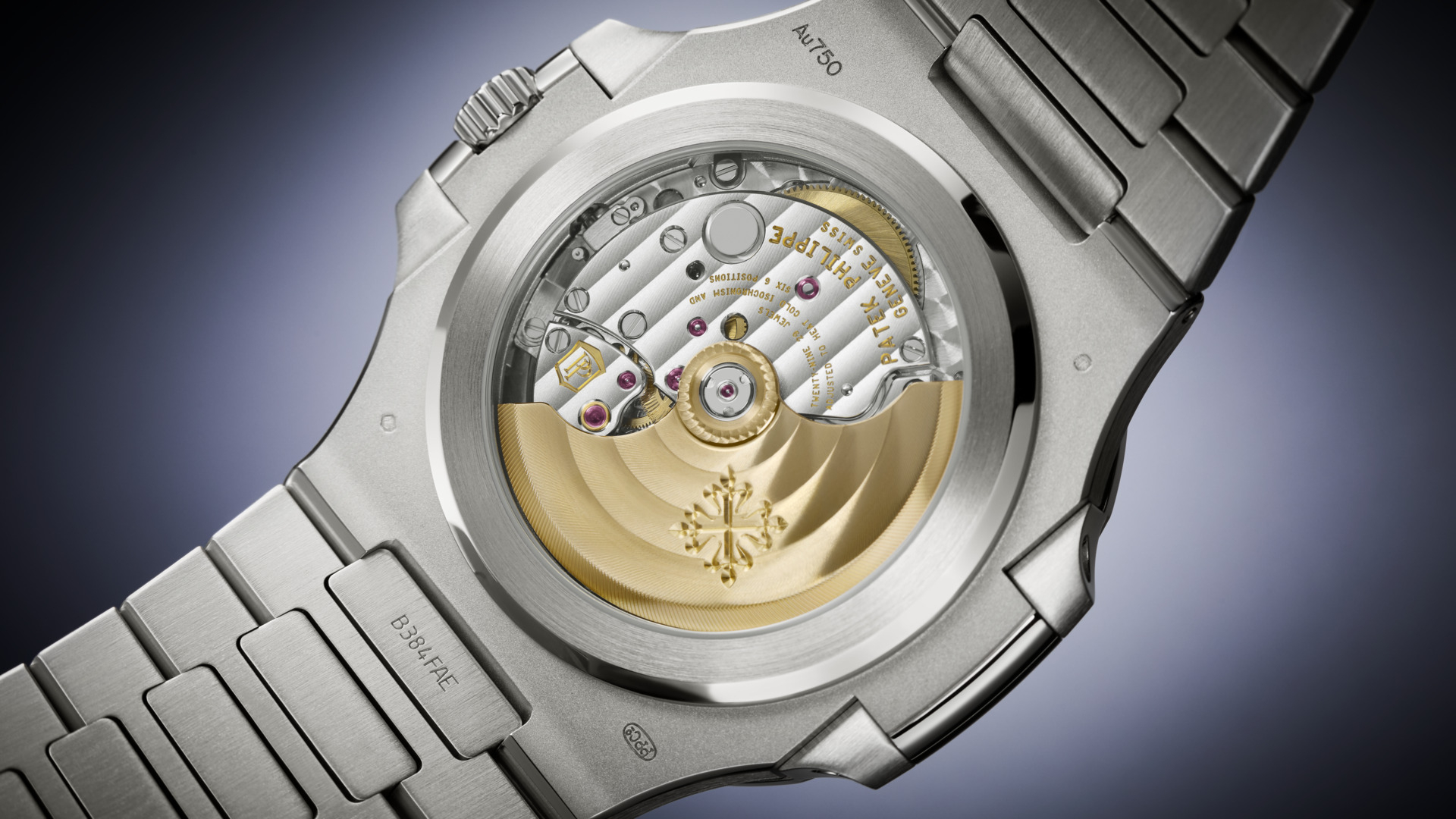 Patek Philippe百達翡麗Nautlus 5811/1460G-001腕錶合共鑲嵌195顆長方形鑽石(總重13.27卡)和1,285顆圓鑽(總重6.43卡)。錶殼還配備透明藍寶石水晶底蓋，透視機芯精美裝飾。PHOTO/ PATEK PHILIPPE 