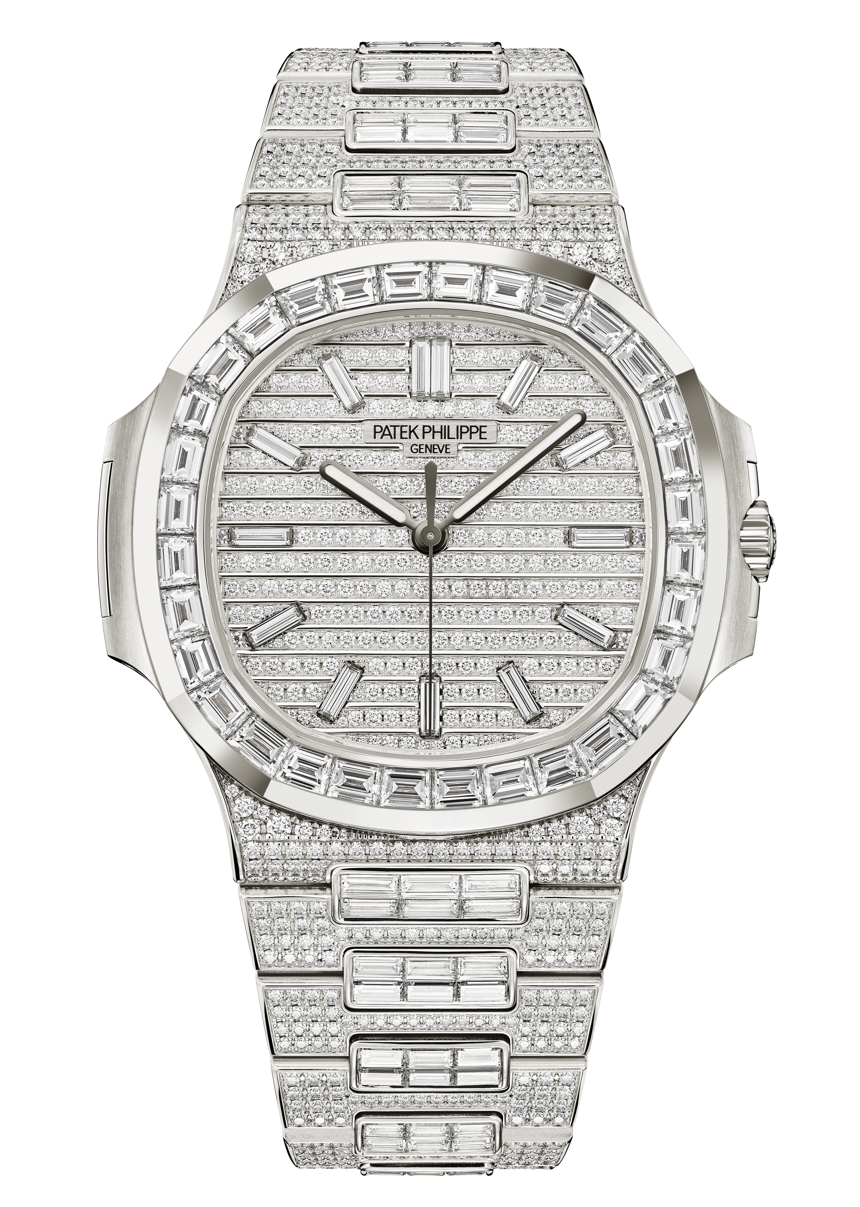 Patek Philippe百達翡麗Nautlus 5811/1460G-001腕錶採用通體珠寶鑲嵌技術裝飾腕錶，讓鑽石光芒點綴每個可見細節。PHOTO/ PATEK PHILIPPE