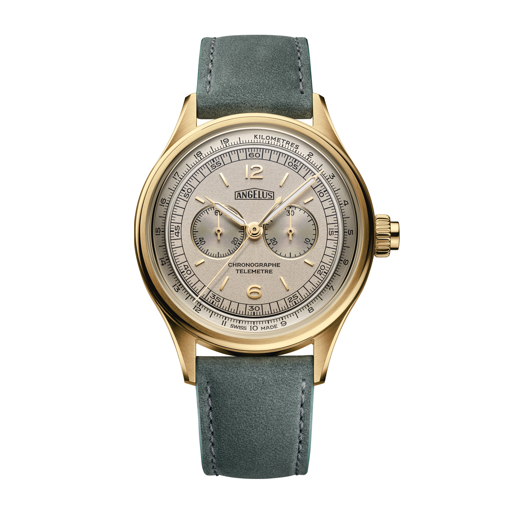 Angelus Chronographe Télémetre Yellow Gold黃金計時碼錶獲GPHG大會頒發計時碼錶獎,採用37毫米18K黃金錶殼,搭載自家 A5000 型手動機芯,提供單按鈕30分鐘計時、小時和分鐘顯示功能,動力儲備42小時,搭配中央計時秒針和測距儀刻度,能通過光和聲音傳播速度測量遠方事件與佩戴者之間的距離。PHOTO/ ANGELUS