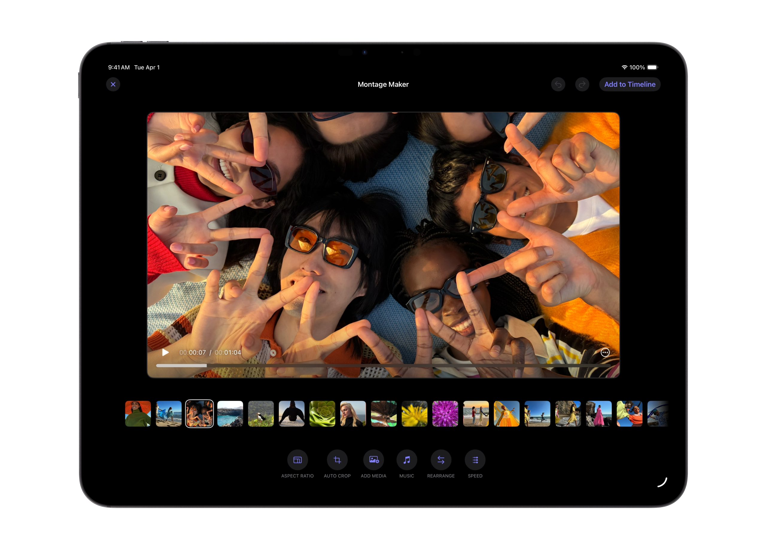 用家可運用iPad版Final Cut Pro的「Montage Maker」等智能工具，從影片材料中精選最出色的畫面片段，快速開始剪接流程。PHOTO / Apple