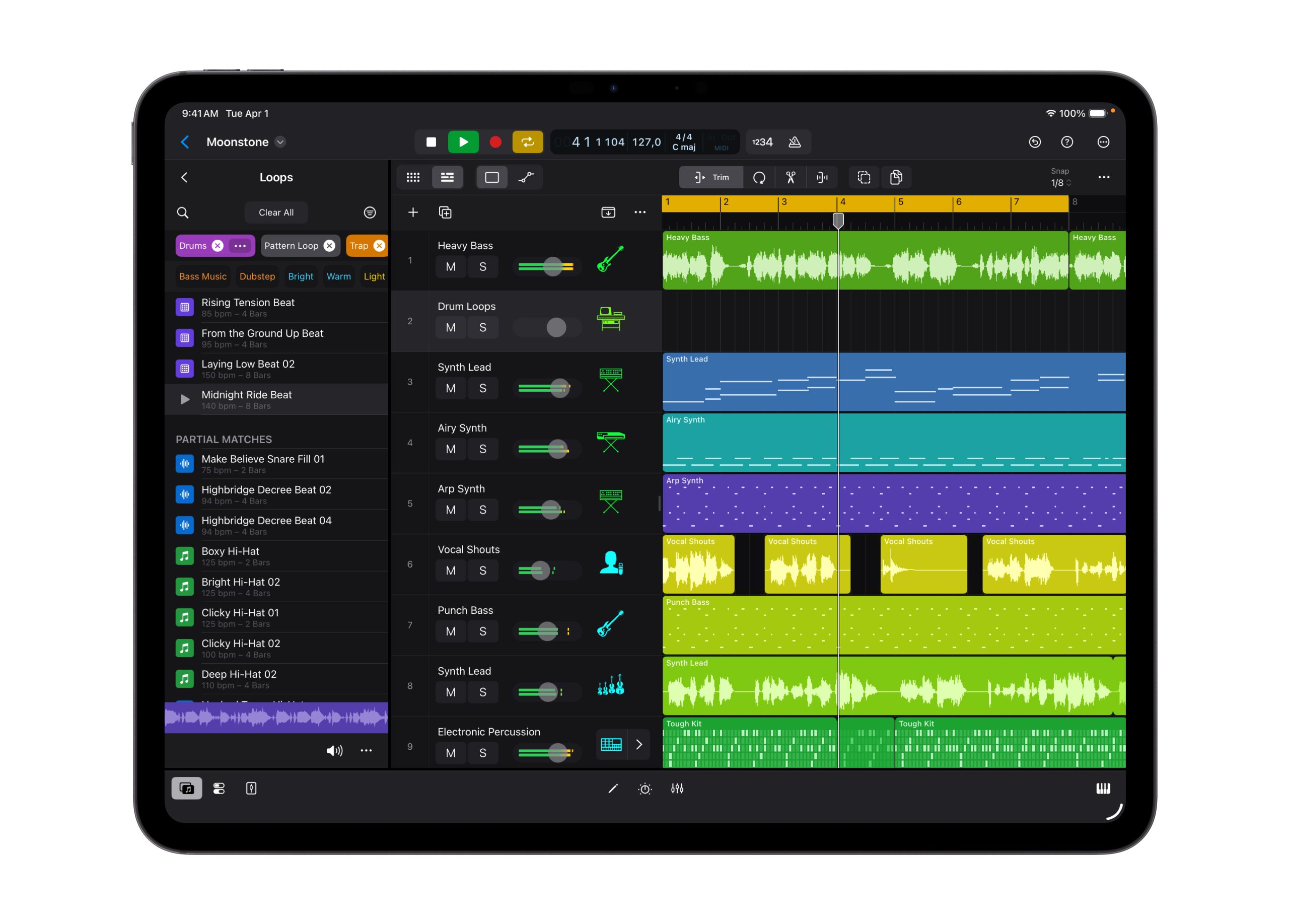 iPad版Logic Pro的「Music Understanding」讓用家使用自然語言搜尋，流暢無縫地尋找類似或互補的Loop。PHOTO / Apple 