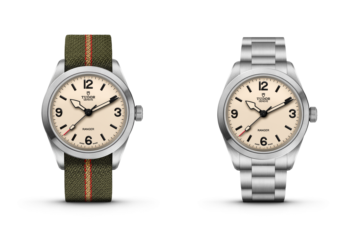 上圖是兩款39毫米精鋼錶殼配沙丘白錶盤錶款，分別配備一體式精鋼錶帶或織紋錶帶。PHOTO/ TUDOR