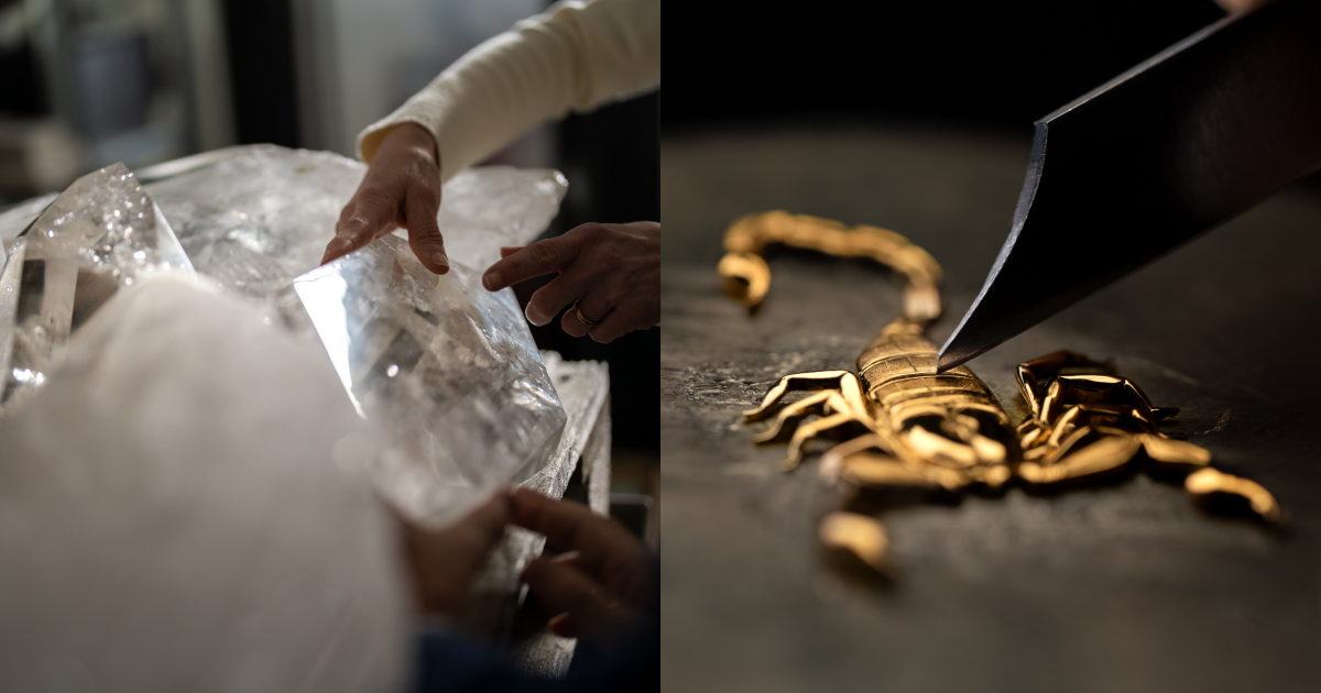 座鐘選用大面積、透明而清徹的天然水晶製作錶盤鏡面、24小時刻度盤、逆跳小時與分鐘錶盤刻度外緣和基座面板;另外,座鐘採用寶石鑲嵌、硬石與珍珠母貝鑲嵌、水晶鑲嵌、大明火琺瑯、璣鏤雕劇、鑄銅雕塑、玻璃微繪工藝裝飾。PHOTO/ VACHERON CONSTANTIN