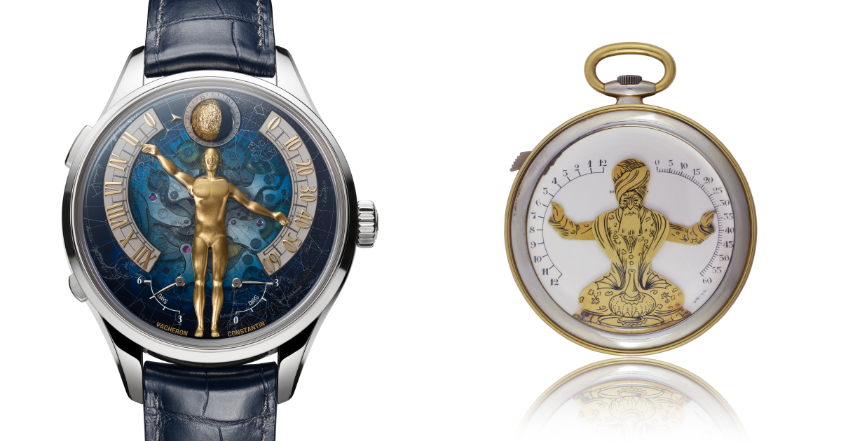 風格傳承總監Christian指出,Métiers d'Art Tribute to the Quest of Time腕錶(左)與 1930 年代『魔術手』陀錶(右)的分別在於後者不會持續顯示時間,佩戴者需要按下按鈕啟動時間顯示模式,人偶才會抬起雙臂指示時間。PHOTO/ VACHERON CONSTANTIN