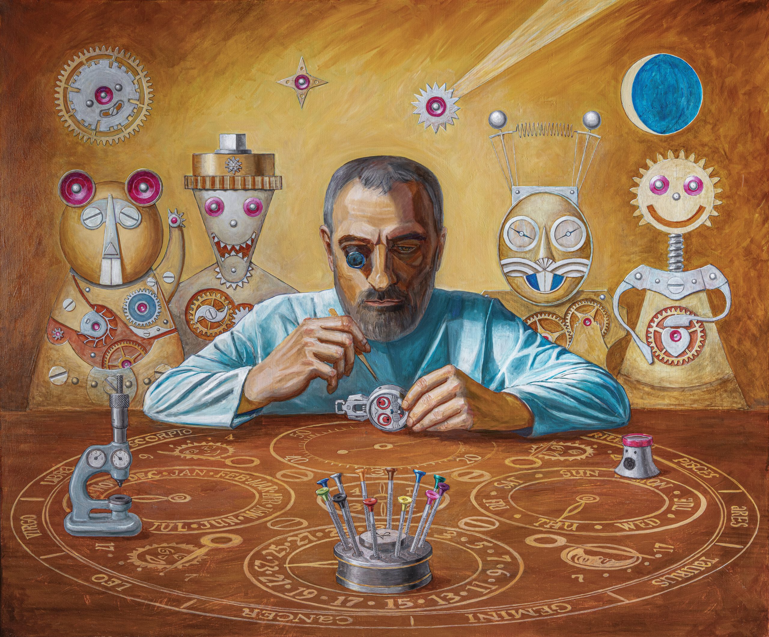 製錶師Konstantin Chaykin 為此多重精密複雜功能萬年曆天文時計「白兔與瘋狂製錶茶會」項目,繪製畫作《A Mad Horological Party》,展示他融合機械技術與創意美術之製錶理念。PHOTO/ KONSTANTIN CHAYKIN