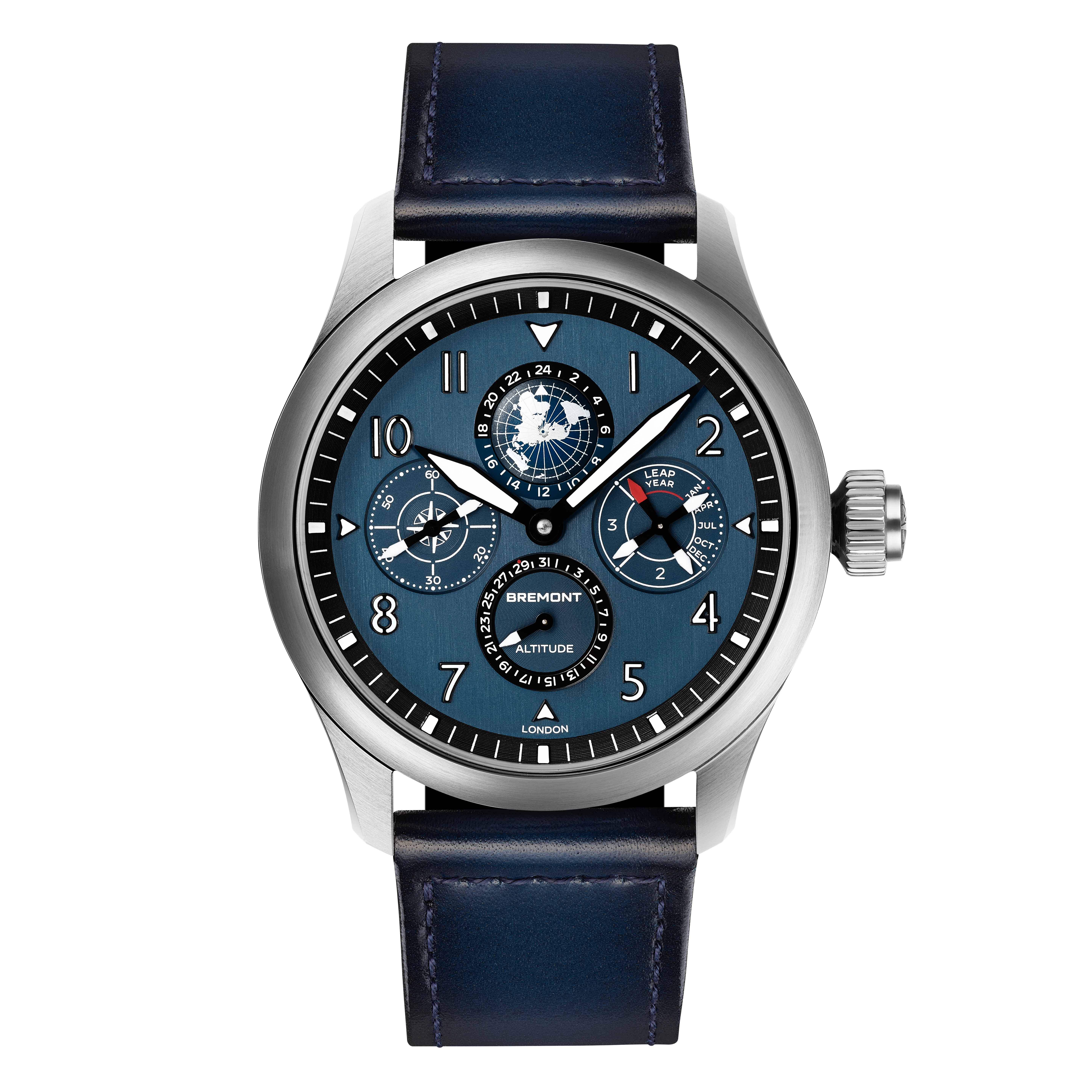 12時位置設有世界時間顯示轉盤,轉盤設有24道經線,對應24個時區,能通過錶冠按鈕以一小時幅度調校世界時區轉盤,對應外緣24小時晝夜圈,顯示世界時間和晝夜。PHOTO/ BREMONT