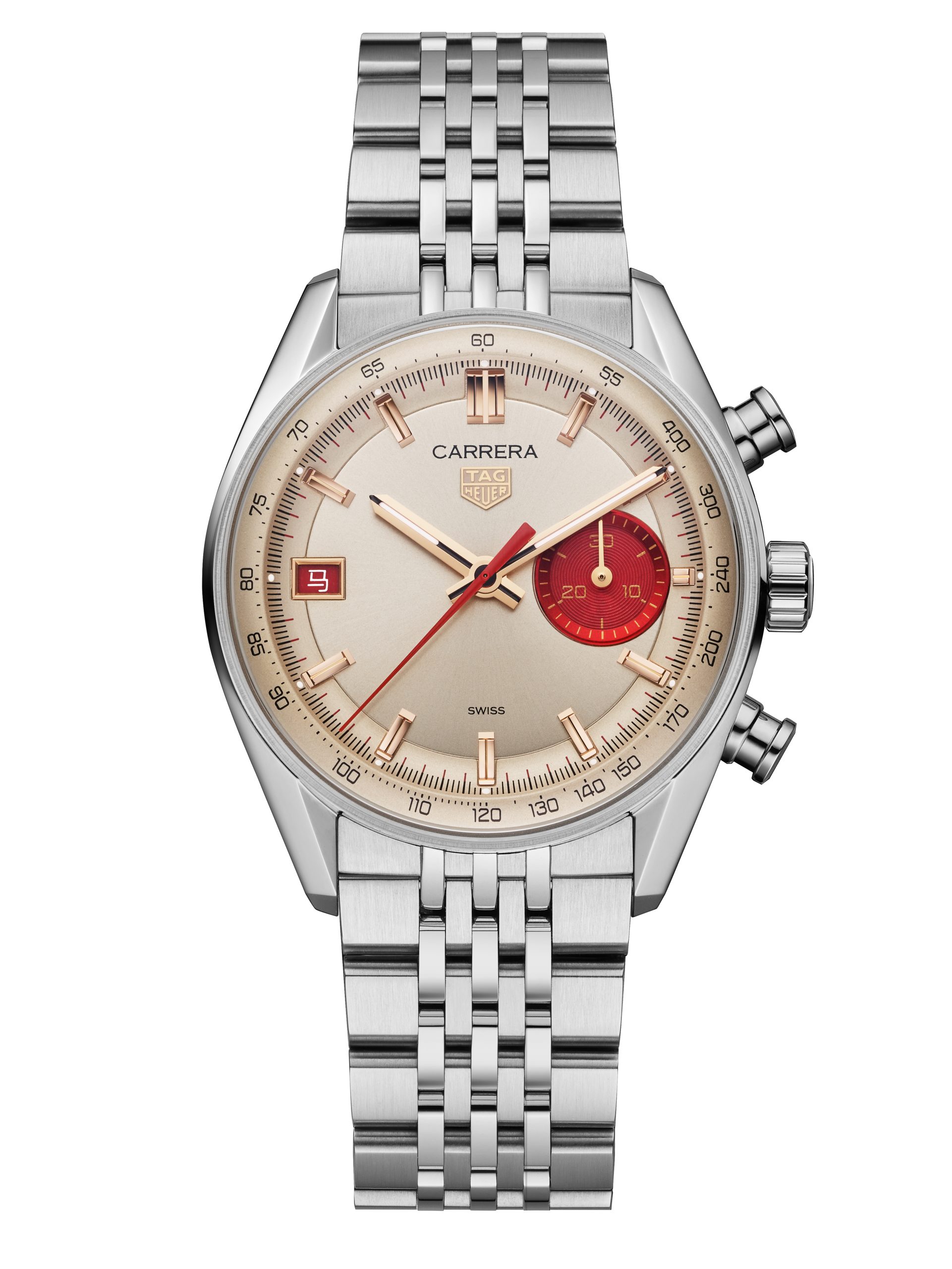 TAG Heuer泰格豪雅Carrera系列馬年計時碼錶觀感現代：香檳色太陽紋磨砂錶盤襯18K 5N鍍玫瑰金指針與時標，3時位置設有紅色 Azuré 分鐘計時盤，搭配18K 5N 鍍玫瑰金拋光分鐘計時指針及中央紅色漆面計時指針，配色充滿喜氣。PHOTO/ TAG HEUER