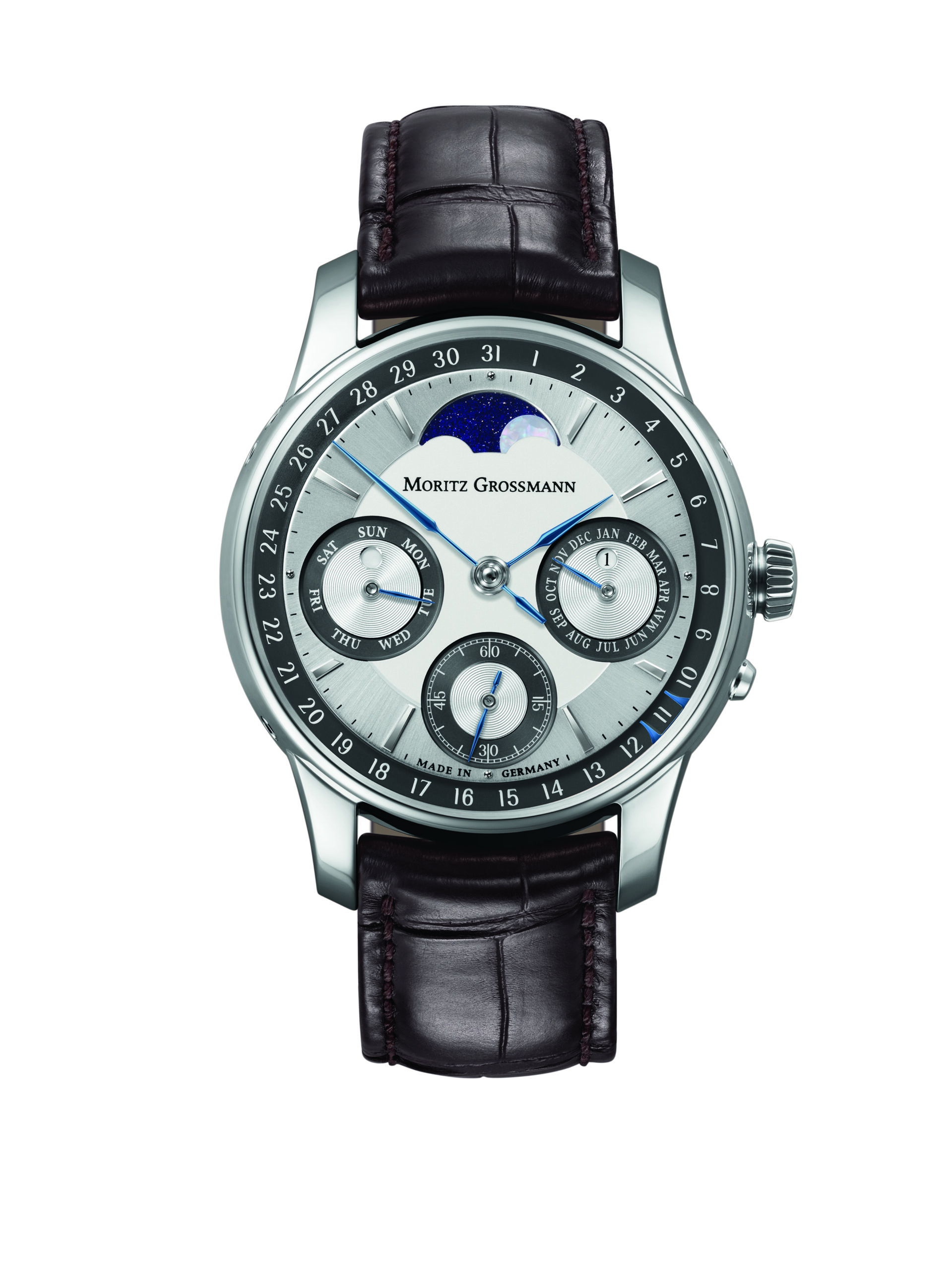 101.13手動機芯以100.1型機芯為基礎改良而成,設有單片「夾板」形萬年曆模組,由211枚零件組成,連同基礎機芯190枚組件,提供小時與分鐘顯示、萬年曆和月相顯示功能。PHOTO/ MORITZ GROSSMANN