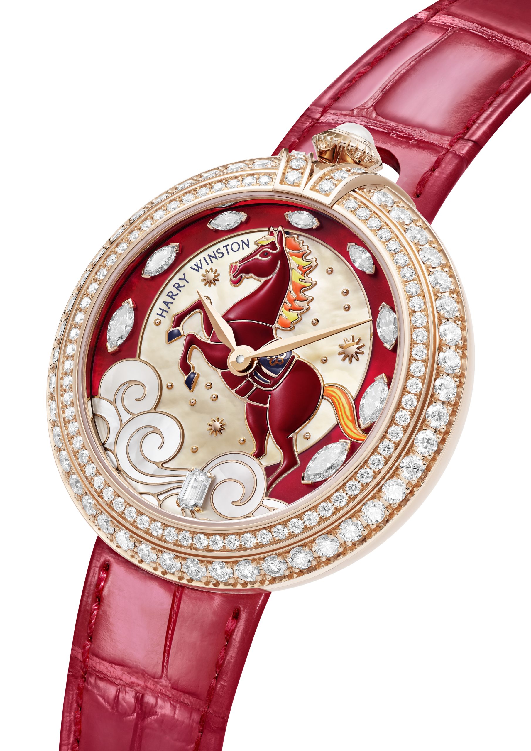 Harry Winston Moments系列玫瑰金馬年主題腕錶，通過寶石和半寶石加工技藝裝飾腕錶，展現看家本領。PHOTO/ HARRY WINSTON