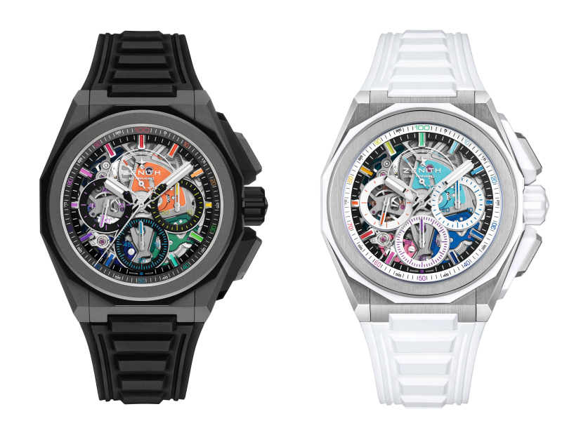 兩款Defy Extreme Chroma 1/100秒超高振頻計時碼錶搭載黑色或白色鏤空錶盤；錶盤上的刻度與印字以漸變色層呼應機芯色譜。每一枚機芯都擁有不同的色彩組合。錶背設有真力時獨有的星形擺陀，黑色款飾以亮眼藍色，白色款則飾以電光綠色。PHOTO/ ZENITH