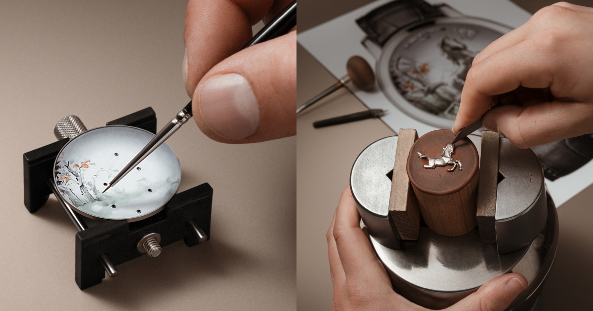 駿馬岩石圖案錶盤採用琺瑯彩繪和手工雕刻製造，搭配自家2460 G4自動機芯，以視窗顯示滑動式小時和分鐘，以及跳字式星期和日期。PHOTO/ VACHERON CONSTANTIN