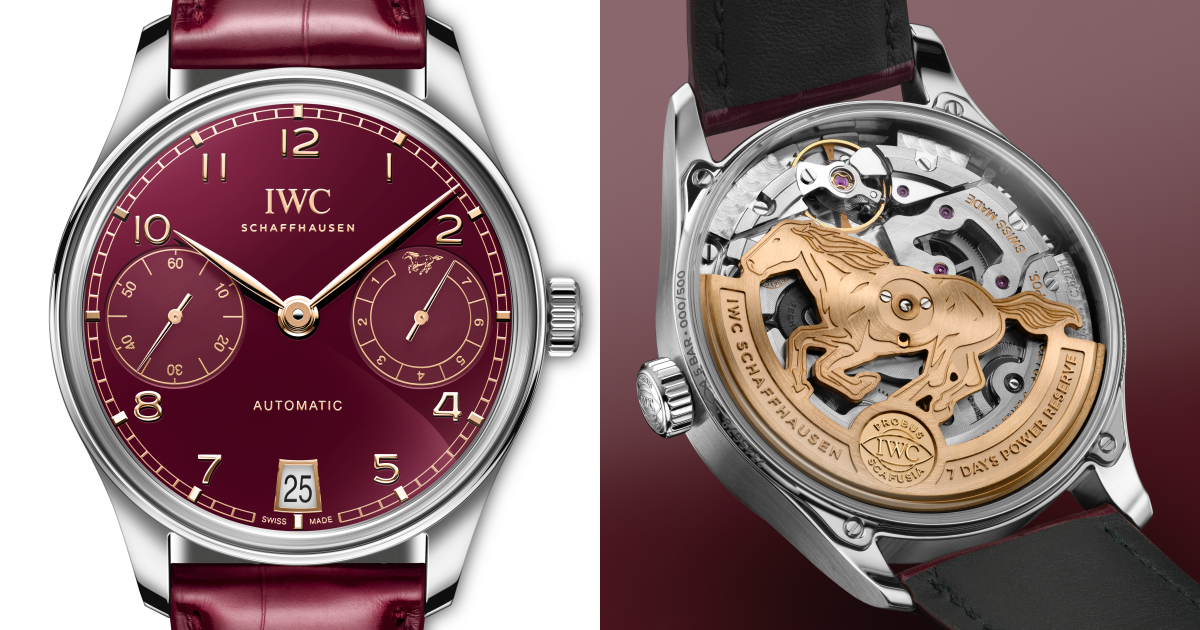 IWC葡萄牙系列自動腕錶42馬年特別版採用42毫米直徑精鋼錶殼，搭配正面和背面的箱型藍寶石玻璃，完整透視錶面和錶背底部裝飾細節。PHOTO/ IWC