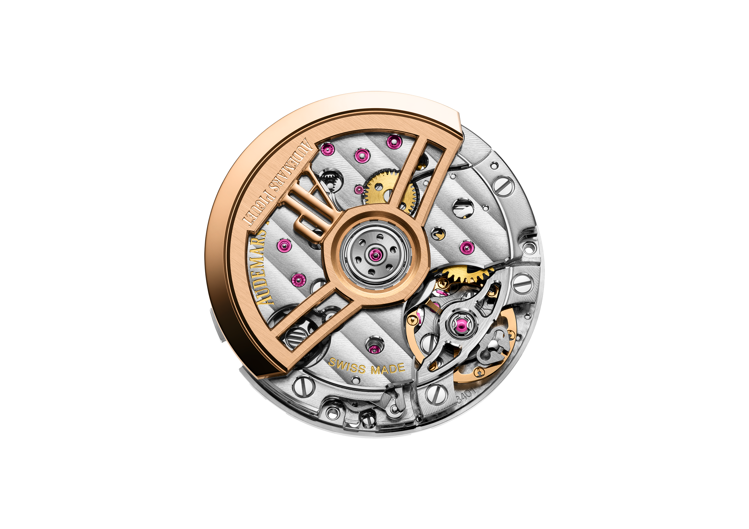 三款Royal Oak皇家橡樹系列計時碼錶38毫米搭載愛彼全新自家6401自動機芯，機芯耗時五年研發，採用一體整合導柱輪計時碼錶機芯設計，配備專利垂直離合機制，精簡零件數量，同時減輕操作計時按鈕所需的按壓力度，提升使用體驗。PHOTO/ AUDEMARS PIGUET