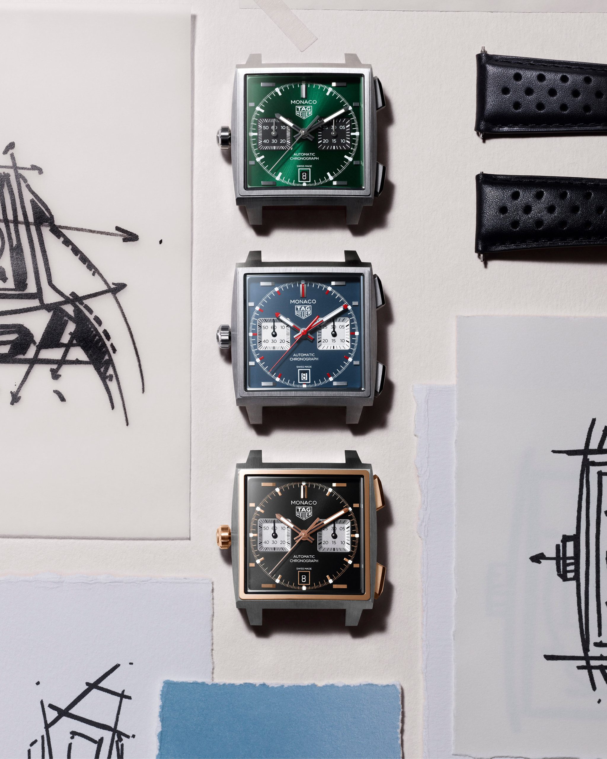 全新TAG Heuer Monaco Chronograph腕錶配備三個款式：經典TAG Heuer Monaco 藍色、英倫賽車文化深綠色，以及優雅黑色。PHOTO/ TAG HEUER