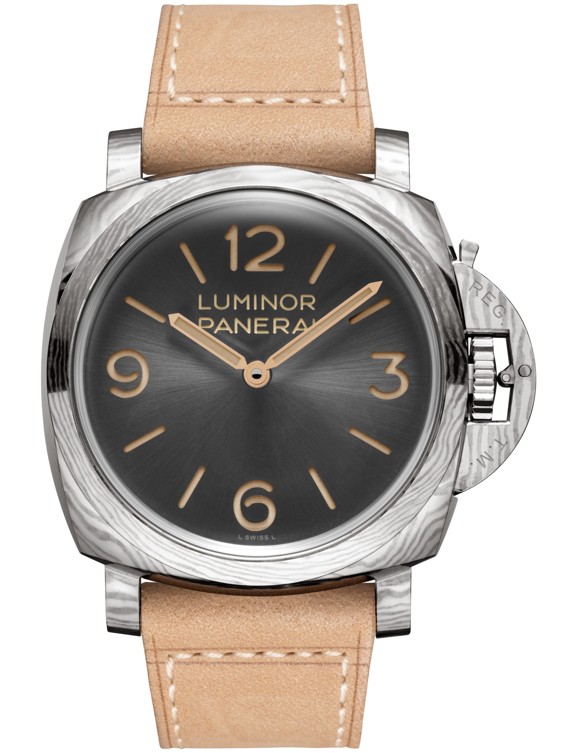 限量版Luminor鍛造鈦金屬PAM01629腕錶配淺米色絨面小牛皮錶帶，配以同色縫線及梯形錶扣；附設黑色橡膠錶帶。PHOTO/ PANERAI