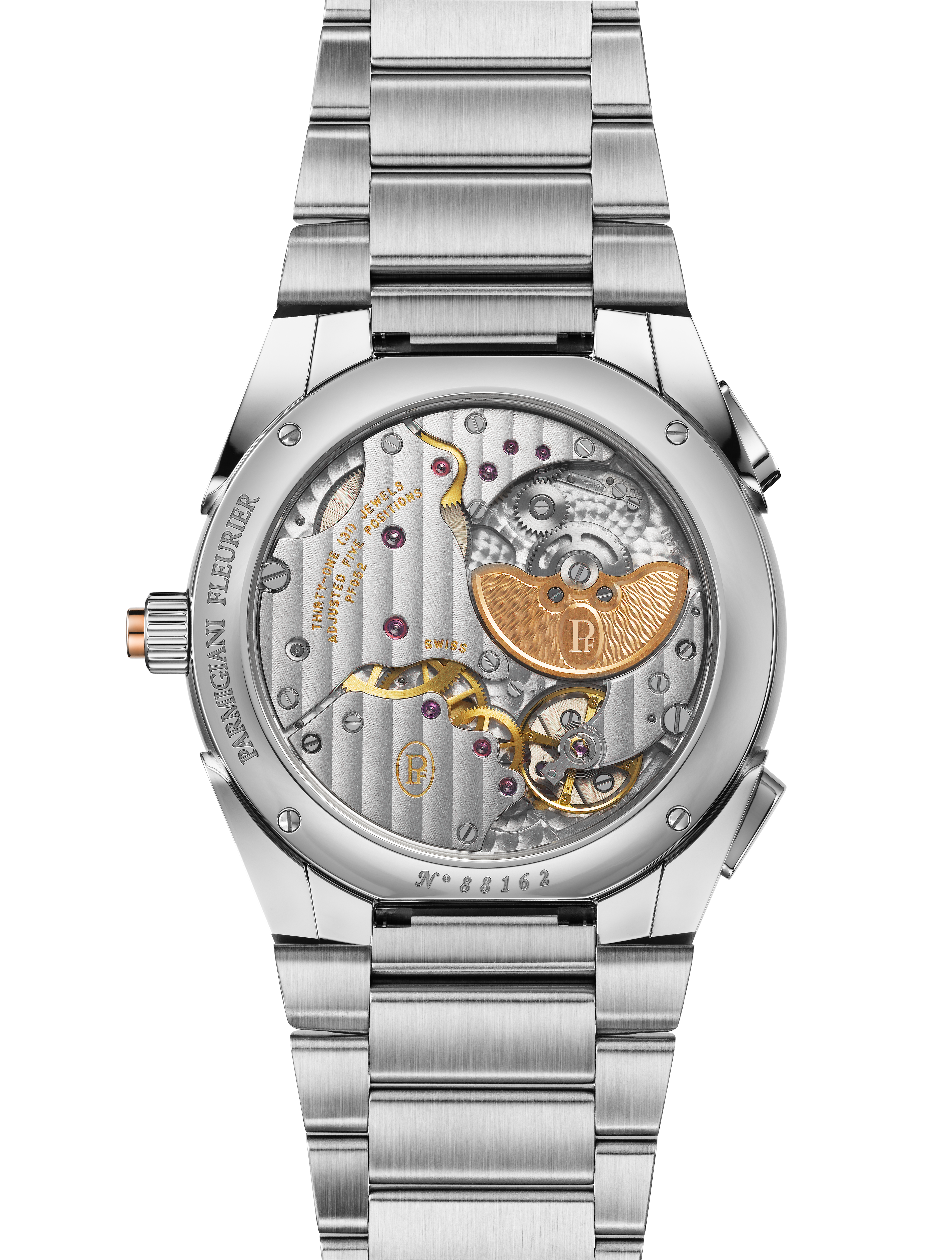 機芯經過日內瓦波紋、珍珠紋、倒角打磨裝飾，而22K玫瑰金微型擺陀則飾有「格狀大麥粒」手工璣鏤飾紋，細節賞心悅目。PHOTO/ PARMIGIANI FLEURIER