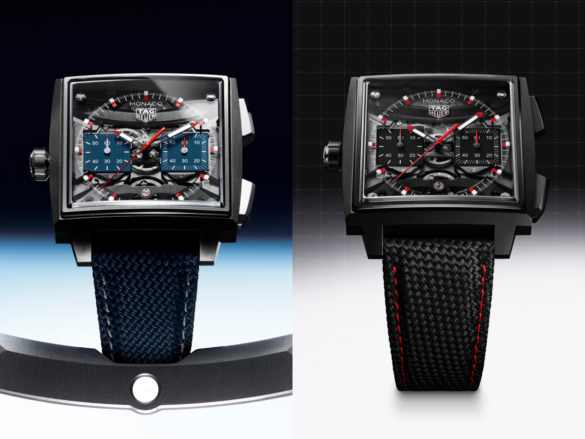 TAG Heuer Monaco Evergraph腕錶配備鈦金屬搭配藍色細節款式，以及黑色 DLC 鈦金屬配紅色細節款式。PHOTO/ TAG HEUER
