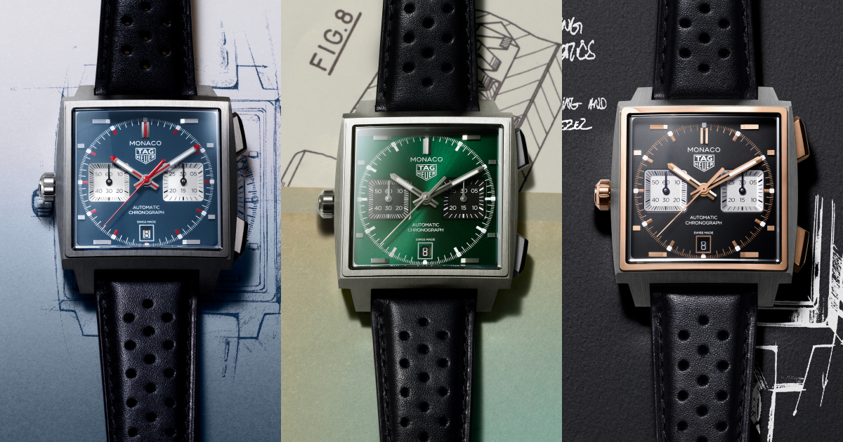 三種配色呼應品牌故事與歷史。TAG Heuer Monaco 藍色靈感源自Steve McQueen 在 1971 年電影《Le Mans》中佩戴的傳奇腕錶；深綠色錶盤則向英倫傳統賽車文化色彩致敬。黑色觀感優雅現代，搭配五級鈦金屬與18K 5N玫瑰金雙色錶殼。PHOTO/ TAG HEUER