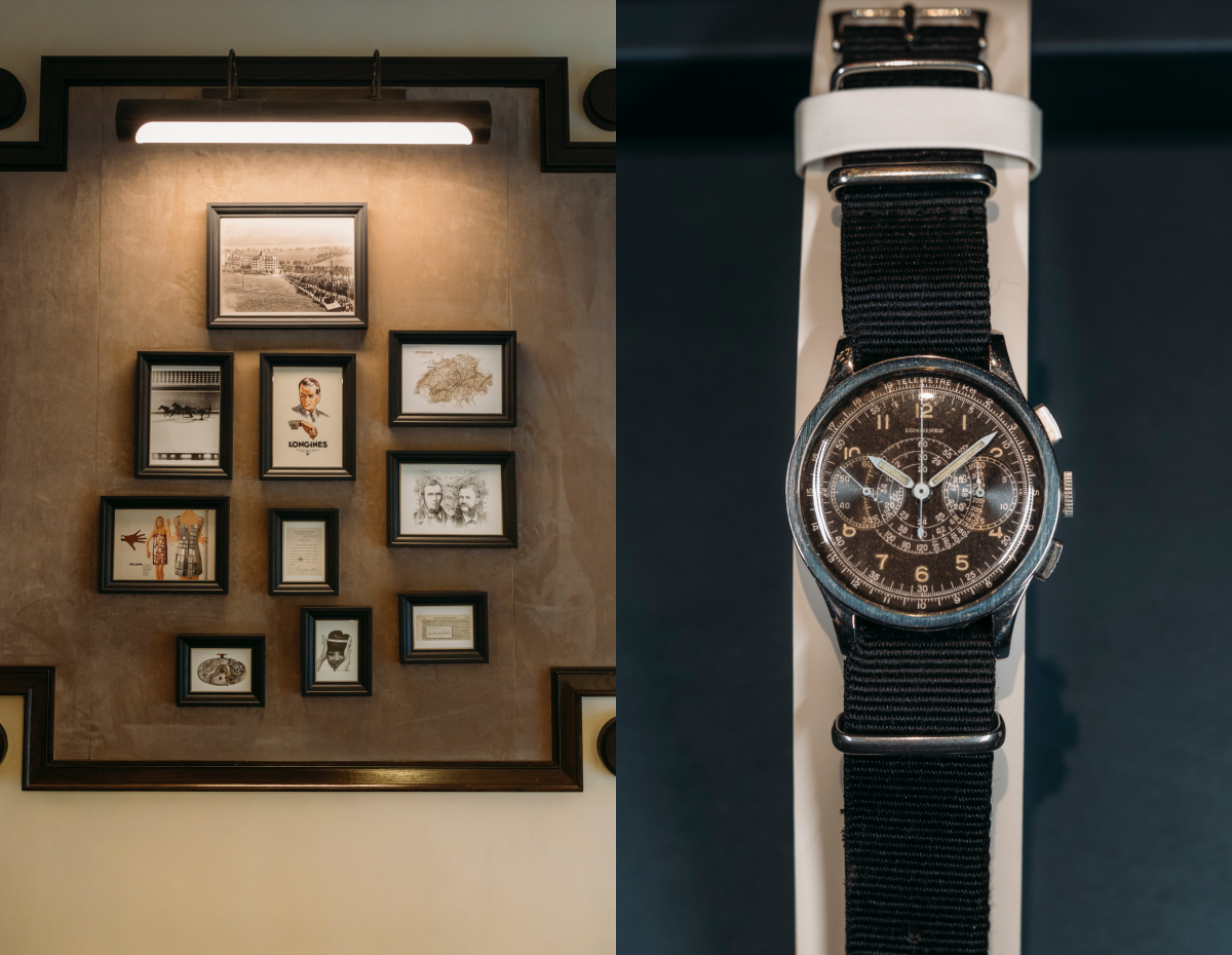 Longines歷史講座會場展出多款珍稀典藏時計及歷史圖案，當中包括一枚產自1942年的典藏飛返計時腕錶。PHOTO/ LONGINES