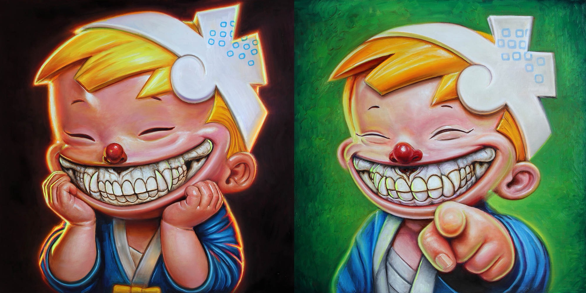 （左）「Peaceful Smile微笑」以從容自在的微笑，展現內心的平靜與滿足，享受生活中的簡單幸福；（右）「Got You! 就是你」中清仔直指觀者，象徵人與人之間的連結與互動，提醒每個人都是獨一無二、值得被看見的主角。PHOTO / Nissin Foods Company Limited