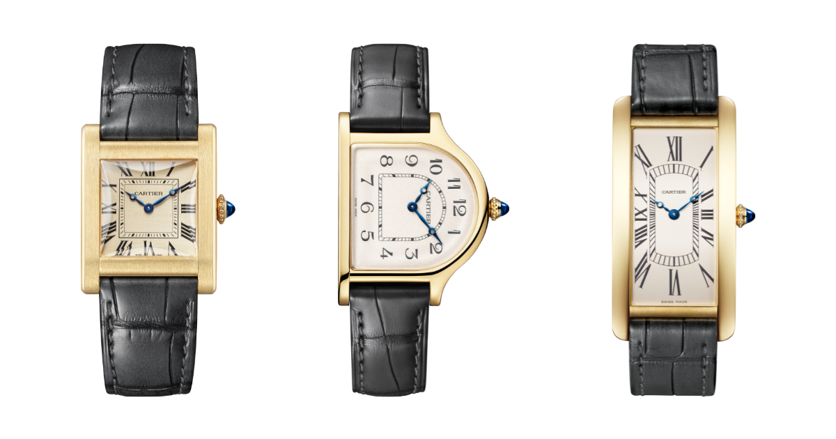 由左至右：Cartier Privé La Collection系列Tank Normale腕錶、Cloche de Cartier腕錶，以及Tank Cintrée腕錶。三款腕錶配備18K黃金錶殼，搭載卡地亞工作坊精製手動機芯，致敬經典作。PHOTO/ CARTIER