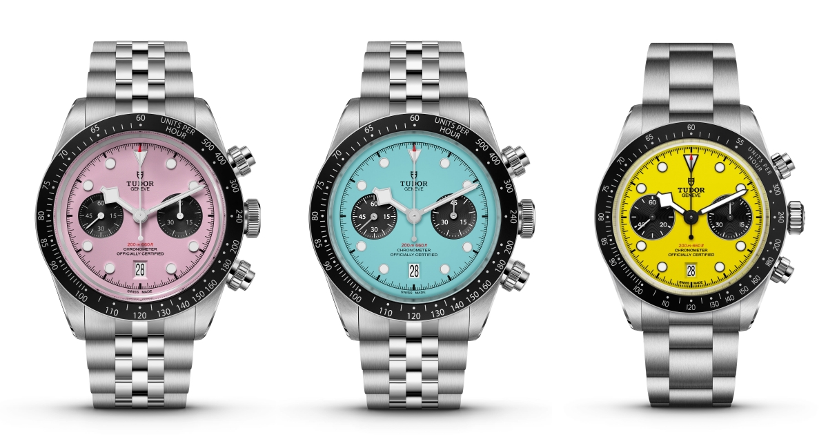 Tudor帝舵表Black Bay Chrono "Pink"粉紅款腕錶（左）和Black Bay Chrono "Flamingo Blue"火鶴藍色款腕錶（中）均採用41毫米精鋼錶殼，配精鋼五鏈節錶帶；Tudor Black Bay Chrono “Bumblebee” 大黃蜂款腕錶（右）則採用39毫米精鋼錶殼，配精鋼三鏈節錶帶。PHOTO/ TUDOR