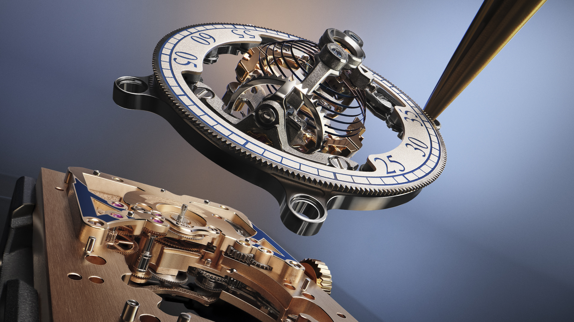 積家 179 型手動上鏈機械機芯設有第四代 Gyrotourbillon 球型陀飛輪裝置。PHOTO/ Jaeger-LeCoultre