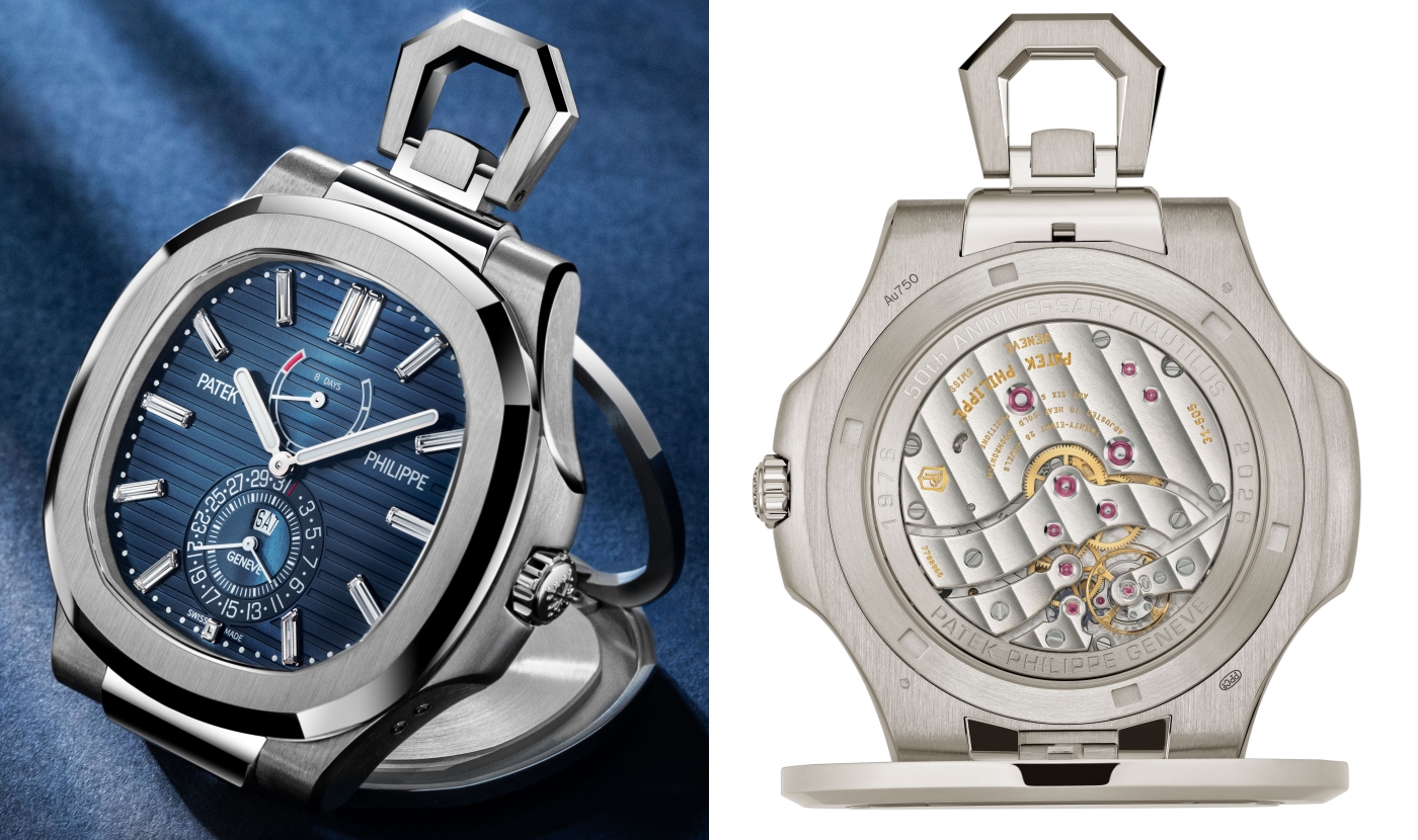 Nautilus白金枱鐘（編號958G-001），採用50.65毫米白金錶殼，配旭日紋藍色圖案與Calatrava十字鐫刻底蓋。旭日紋藍色錶盤飾有標誌浮雕橫紋，配0.96克拉長方形切割鑽石白金時標。底蓋錶鏡外框刻有「50th Anniversary Nautilus 1976-2026 Patek Philippe」字樣。PHOTO/ Patek Philippe